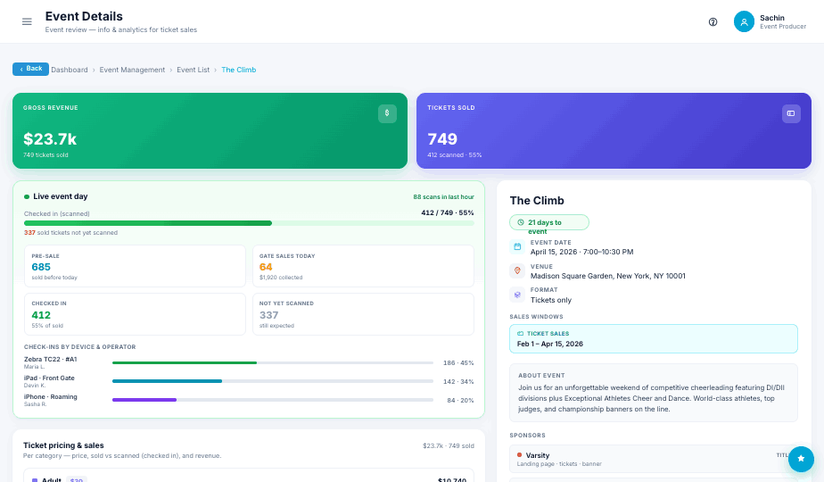 Event details and live sell-through